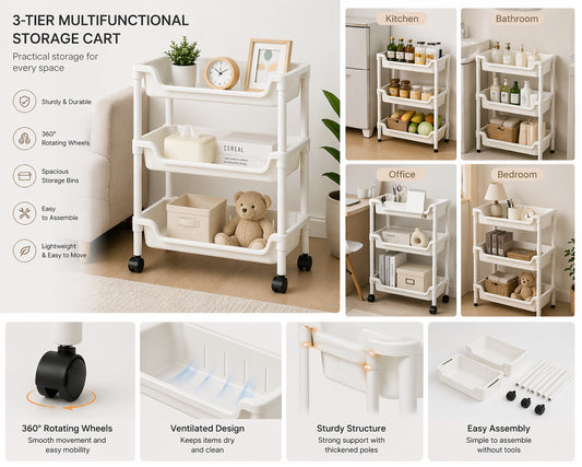 3-Layer Multipurpose Storage Trolley | Slim Rolling Organizer Rack for Kitchen, Bathroom & Home