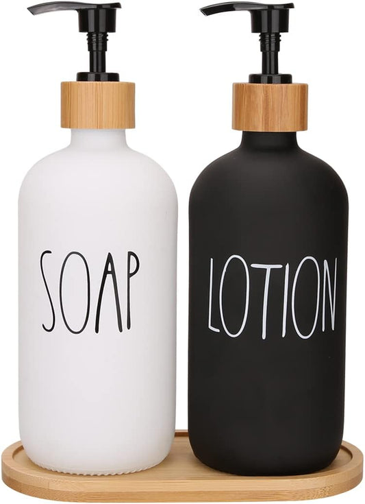 Glass Soap Dispenser with Wooden Base | Hands & Dishes, Soap and Lotion Pump Bottle | Square, Oval & Round Designs