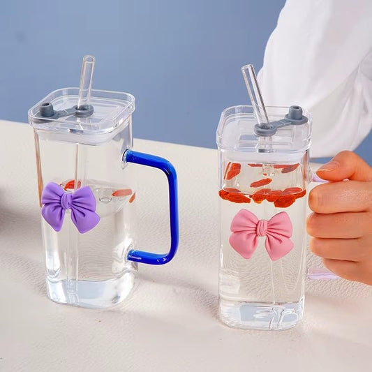 Blue Bow Glass Tumbler Cup with Lid and Straw