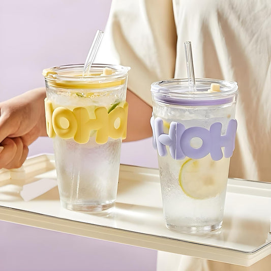 HOHO Long Straw Textured Glass Cup – 530 ML
