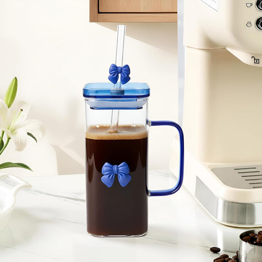 Blue Bow Glass Tumbler Cup with Lid and Straw