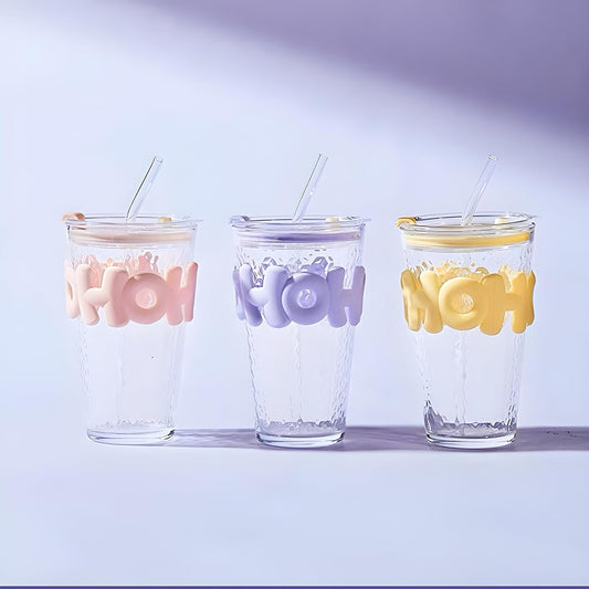HOHO Long Straw Textured Glass Cup – 530 ML