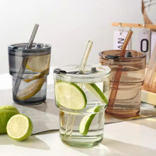 Juice Mug Leather Cover Small – Premium Insulated Glass Tumbler with Straw