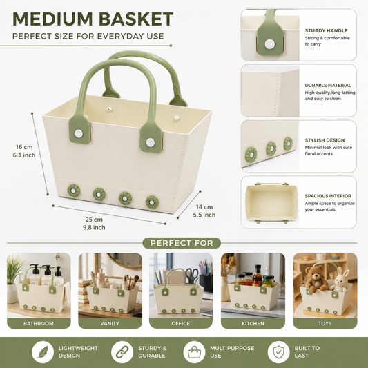 Flowery Rectangle Basket with Handle - Medium
