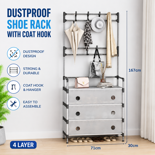 4 Layer, 5 Layer Dustproof Shoe Rack Transparent Cover with Coat Hook