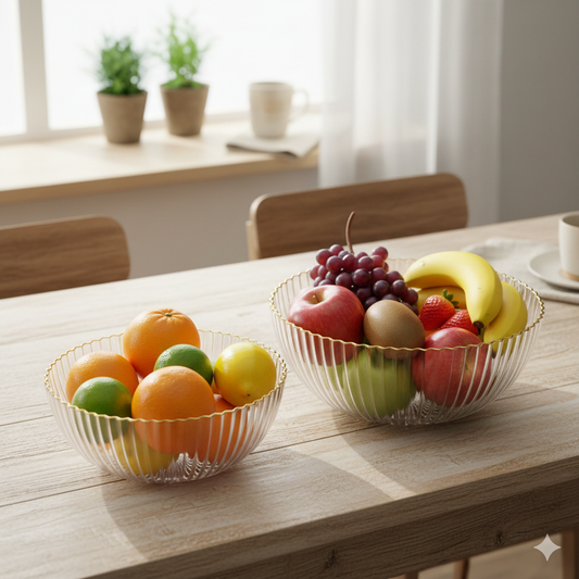 Elegant Acrylic Ribbed Fruit Bowl – Gold-Trimmed Serving Dish