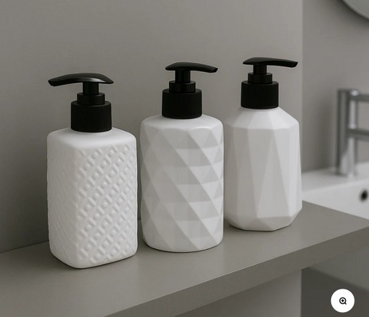 Liquid Soap Bottle White Plastic – Elegant 3-Design Premium Bathroom Dispenser