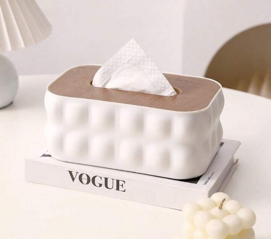 Tissue Box Cream Wood Heavy – Elegant Textured Desktop Organizer