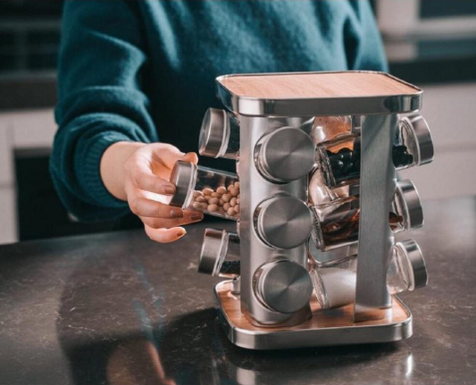 12 PCS Spice Rack Round (WOOD) – Premium Rotating Culinary Organizer