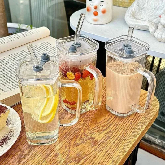 Glass Tumbler Rectangular Design with Glass Straw