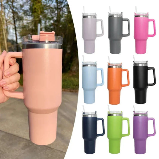 1200ML Insulated Stainless Steel Tumbler with Easy-Grip Handle – Double-Wall Vacuum Travel Mug with Straw and Splash-Proof Lid