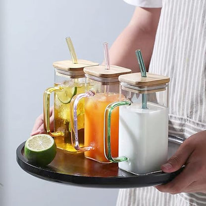 Rectangular Glass Mug Bow with Glass Straw, Bow, Wood Lid, Black Tint (4 options) - 400 ML