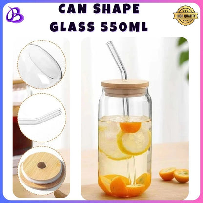 Glass Round Drinking Tumbler with Wood Lid and Glass Straw 550 ML