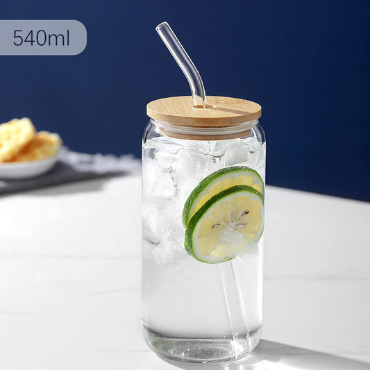 Glass Round Drinking Tumbler with Wood Lid and Glass Straw 550 ML