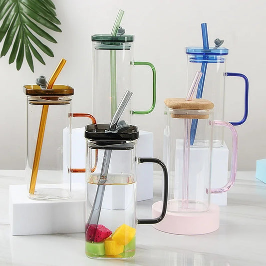 Rectangular Glass Mug Bow with Glass Straw, Bow, Wood Lid, Black Tint (4 options) - 400 ML