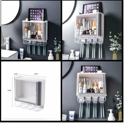 Wall-Mounted Bathroom Organizer Cabinet with Toothbrush Holder and Accessories Holder