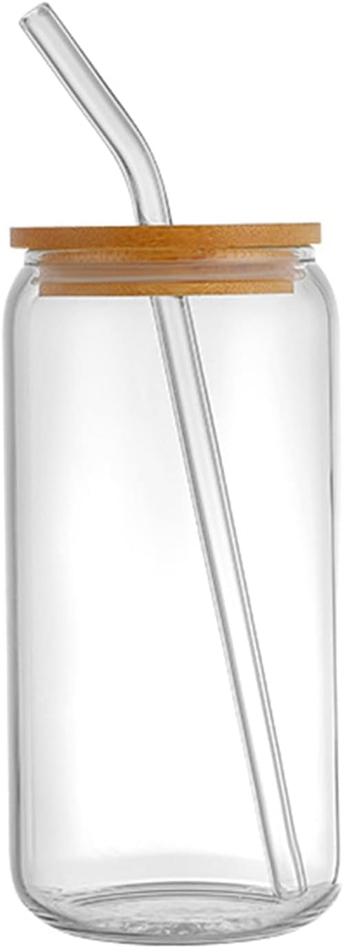 Glass Round Drinking Tumbler with Wood Lid and Glass Straw 550 ML