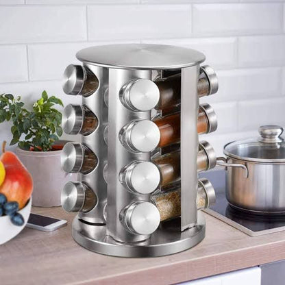 Revolving Glass Spice Rack – Stainless Steel Professional Organizer