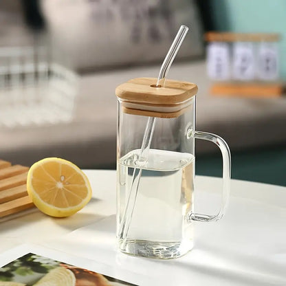 Rectangular Glass Mug Bow with Glass Straw, Bow, Wood Lid, Black Tint (4 options) - 400 ML