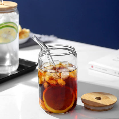 Glass Round Drinking Tumbler with Wood Lid and Glass Straw 550 ML