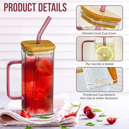 Rectangular Glass Mug Bow with Glass Straw, Bow, Wood Lid, Black Tint (4 options) - 400 ML