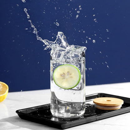 Glass Round Drinking Tumbler with Wood Lid and Glass Straw 550 ML