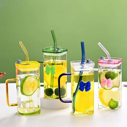 Blue Bow Glass Tumbler Cup with Lid and Straw