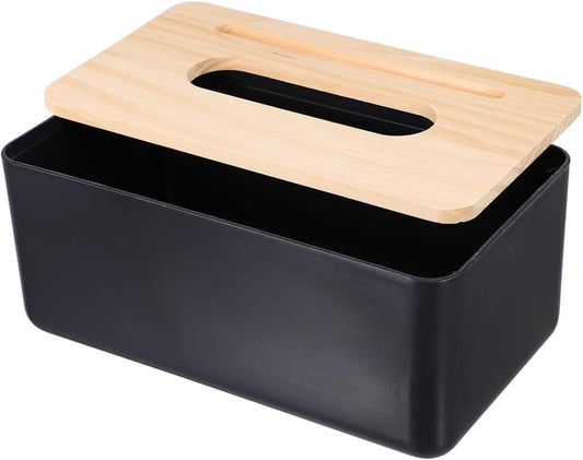 Tissue Box White & Black Wood Top – Modern Minimalist Desktop Organizer