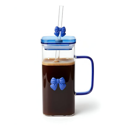 Blue Bow Glass Tumbler Cup with Lid and Straw