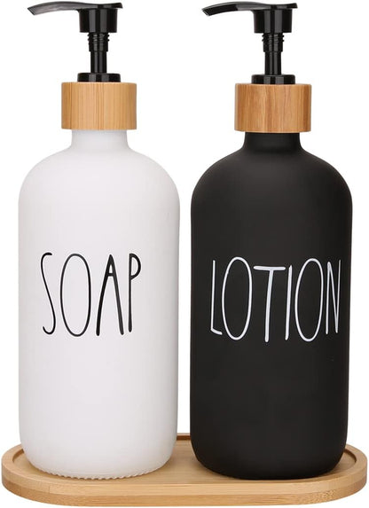 Glass Soap Dispenser with Wooden Base | Hands & Dishes, Soap and Lotion Pump Bottle | Square, Oval & Round Designs