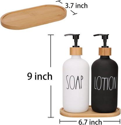 Glass Soap Dispenser with Wooden Base | Hands & Dishes, Soap and Lotion Pump Bottle | Square, Oval & Round Designs