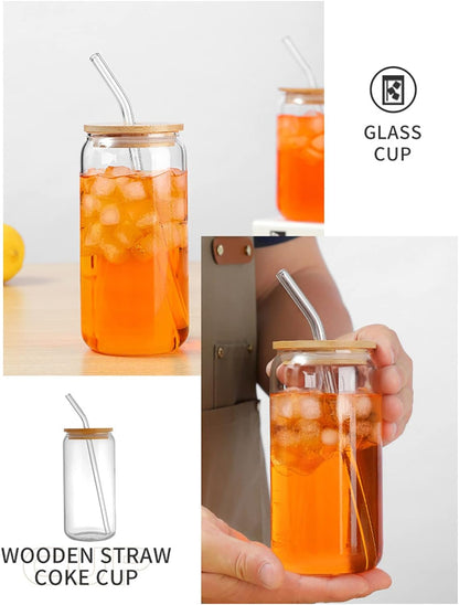 Glass Round Drinking Tumbler with Wood Lid and Glass Straw 550 ML