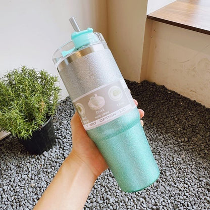 Glitter Insulated Stainless Steel Tumbler – Double-Wall Vacuum Travel Mug with Splash-Proof Lid and Reusable Straw