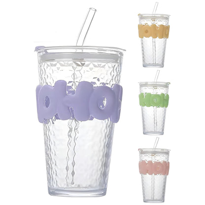 HOHO Long Straw Textured Glass Cup – 530 ML