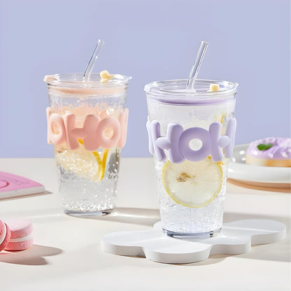 HOHO Long Straw Textured Glass Cup – 530 ML