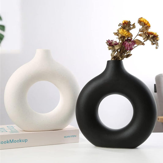 Donut-Shaped Decorative Plastic Vase | Black & White | Small & Large Sizes