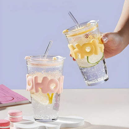 HOHO Long Straw Textured Glass Cup – 530 ML