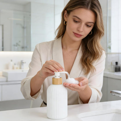 Ribbed Glass Soap Dispenser with Wood Neck