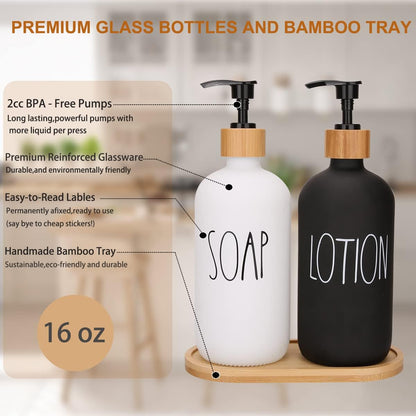 Glass Soap Dispenser with Wooden Base | Hands & Dishes, Soap and Lotion Pump Bottle | Square, Oval & Round Designs