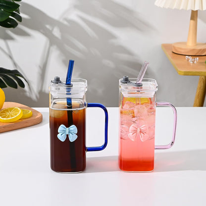 Blue Bow Glass Tumbler Cup with Lid and Straw