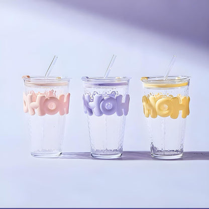 HOHO Long Straw Textured Glass Cup – 530 ML