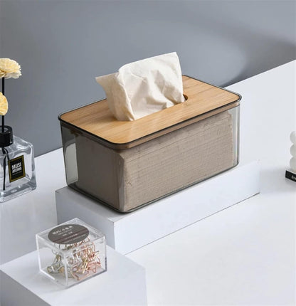 Acrylic Tissue Box – Elegant Clear Organizer with Bamboo Wood Top
