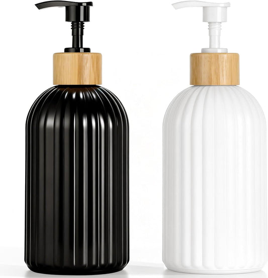 Ribbed Glass Soap Dispenser with Wood Neck