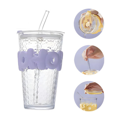 HOHO Long Straw Textured Glass Cup – 530 ML