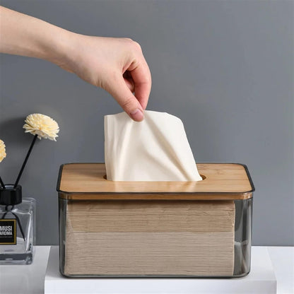 Acrylic Tissue Box – Elegant Clear Organizer with Bamboo Wood Top