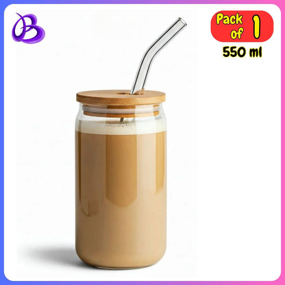 Glass Round Drinking Tumbler with Wood Lid and Glass Straw 550 ML