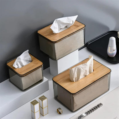 Acrylic Tissue Box – Elegant Clear Organizer with Bamboo Wood Top