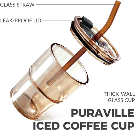 Juice Mug Leather Cover Small – Premium Insulated Glass Tumbler with Straw