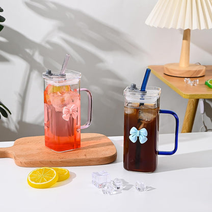 Blue Bow Glass Tumbler Cup with Lid and Straw