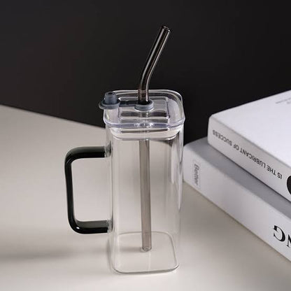 Rectangular Glass Mug Bow with Glass Straw, Bow, Wood Lid, Black Tint (4 options) - 400 ML